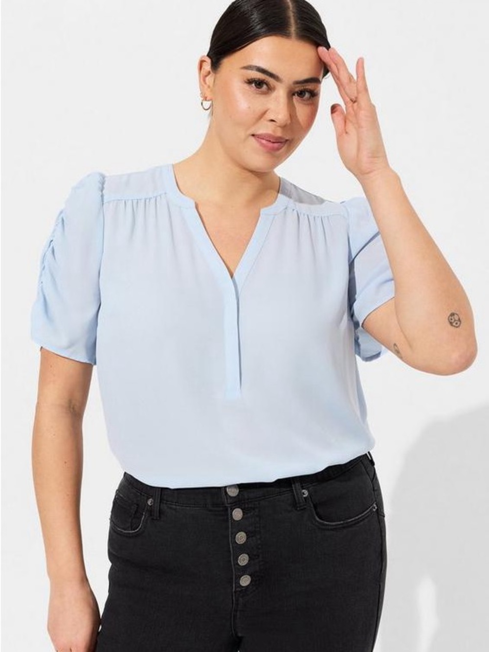 torrid Harper Georgette Ruched Short Sleeve Blouse Pale Blue